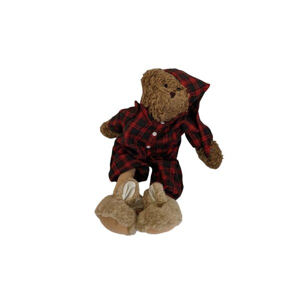 Bear in Red Plaid Nightshirt and Hat Bunny Slippers 15.5" Fuzzy soft fabric body - Picture 5 of 9
